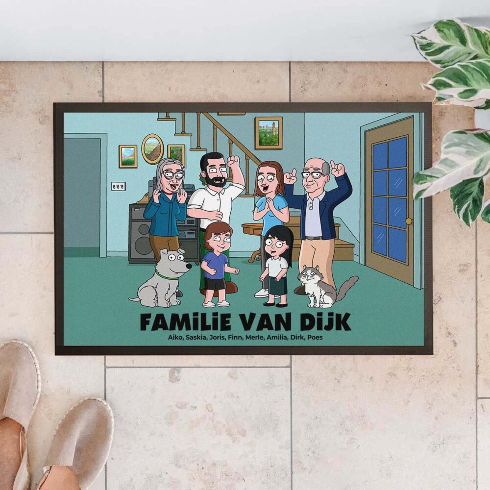 Gepersonaliseerde deurmat - illustratie stripfiguur familie