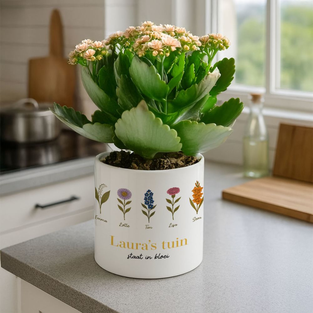 Gepersonaliseerde bloempot met geboortebloemen