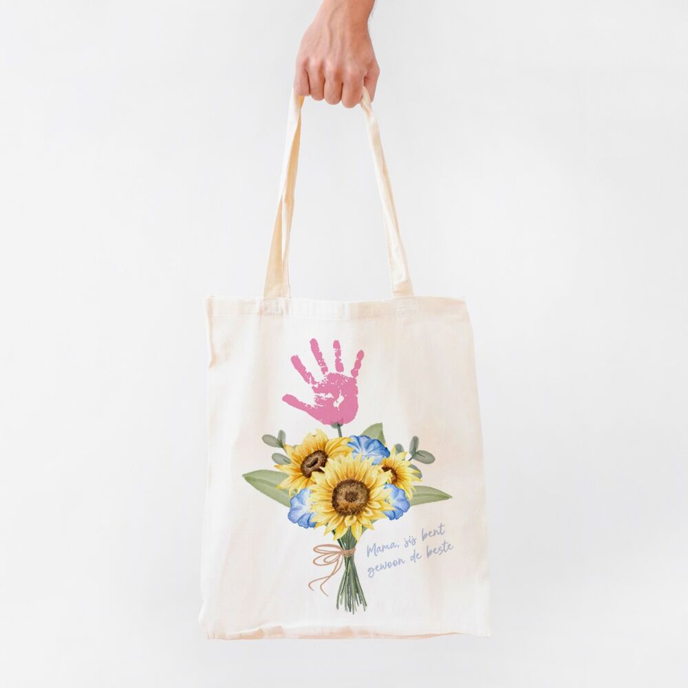 Gepersonaliseerde tote bag boeket bloemen met handafdruk