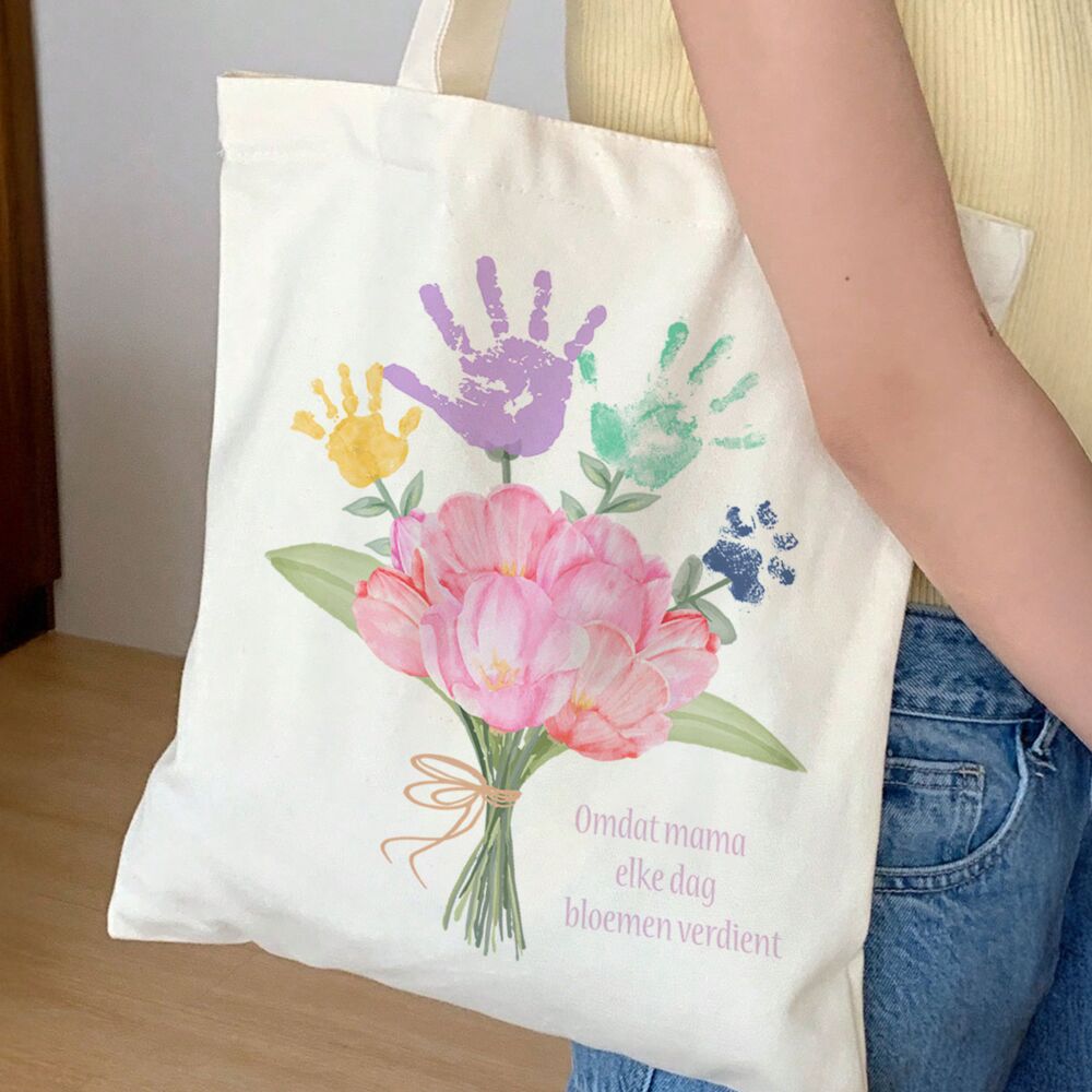 Gepersonaliseerde tote bag boeket bloemen met handafdruk