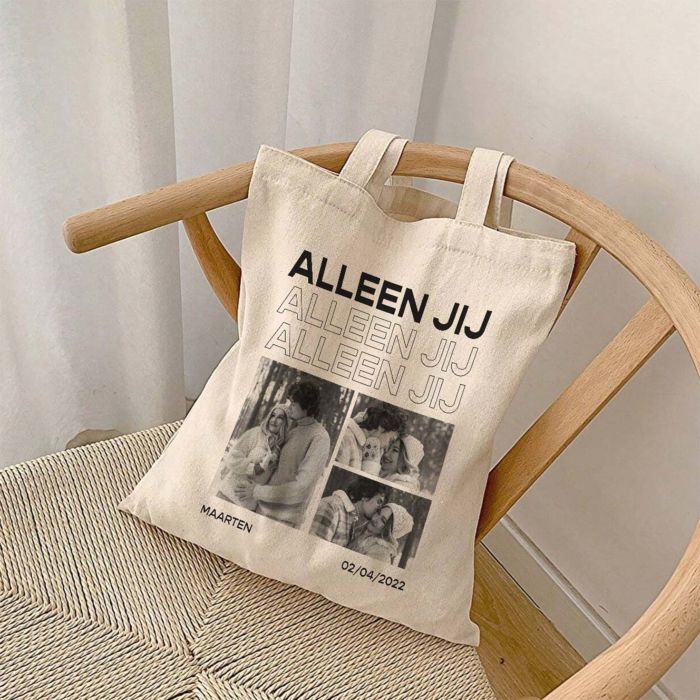 Gepersonaliseerde tote bag met zwart-wit foto's en tekst