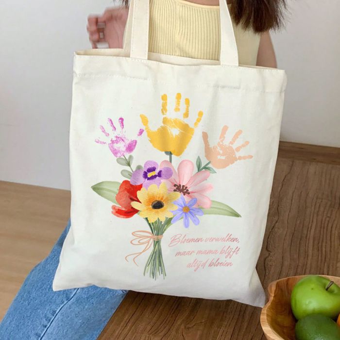 Gepersonaliseerde tote bag boeket bloemen met handafdruk