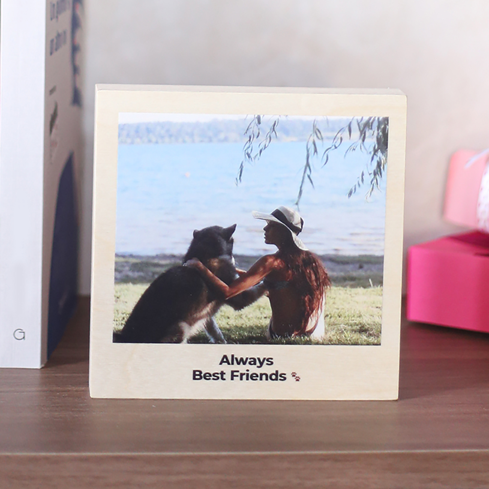 Huisdieren cadeau vierkantige foto op hout met tekst